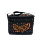 A black insulated lunch bag with a top zipper, front zip pocket, and shoulder strap, featuring a large orange 'Mastodon' logo and scattered colorful star prints on a white background.