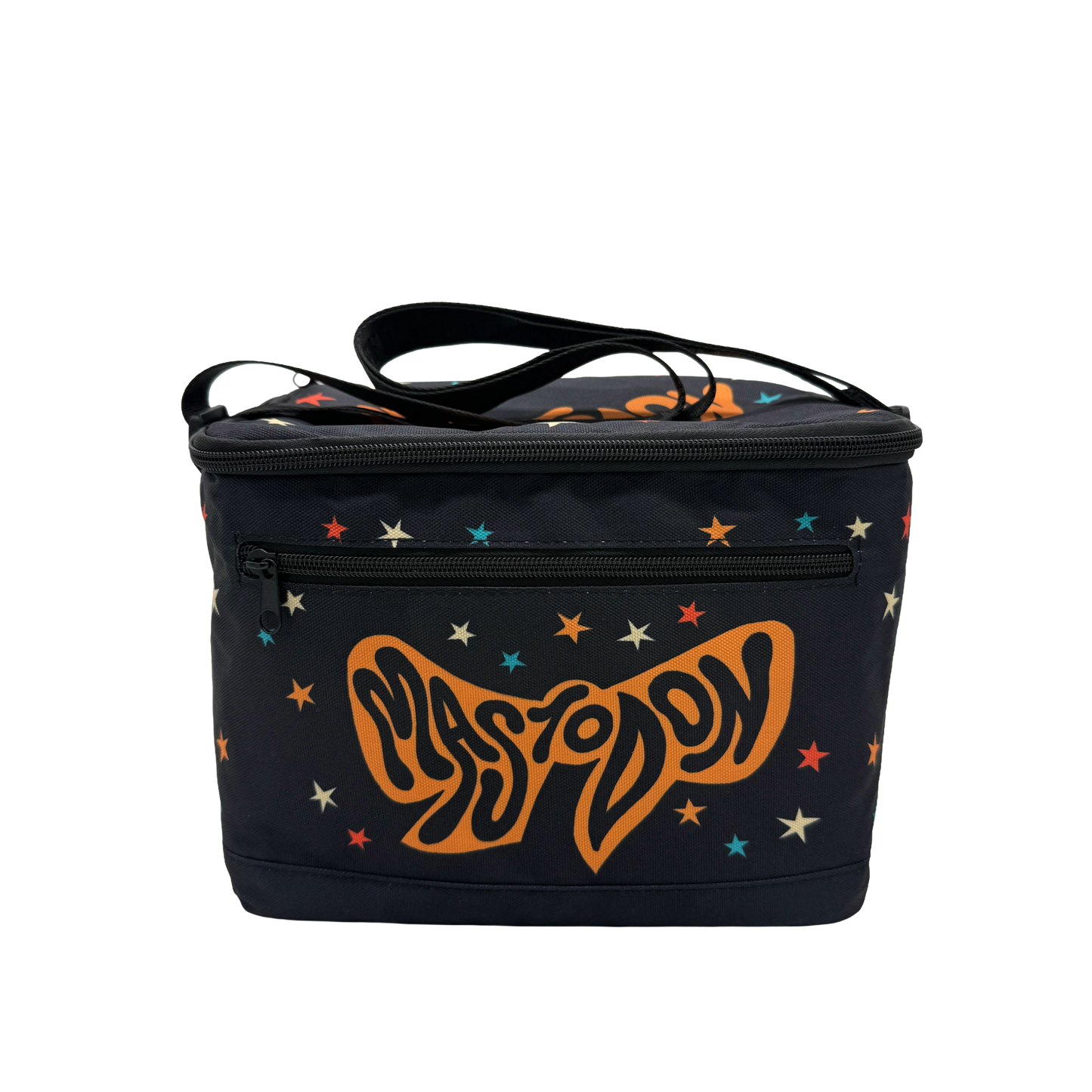 A black insulated lunch bag with a top zipper, front zip pocket, and shoulder strap, featuring a large orange 'Mastodon' logo and scattered colorful star prints on a white background.