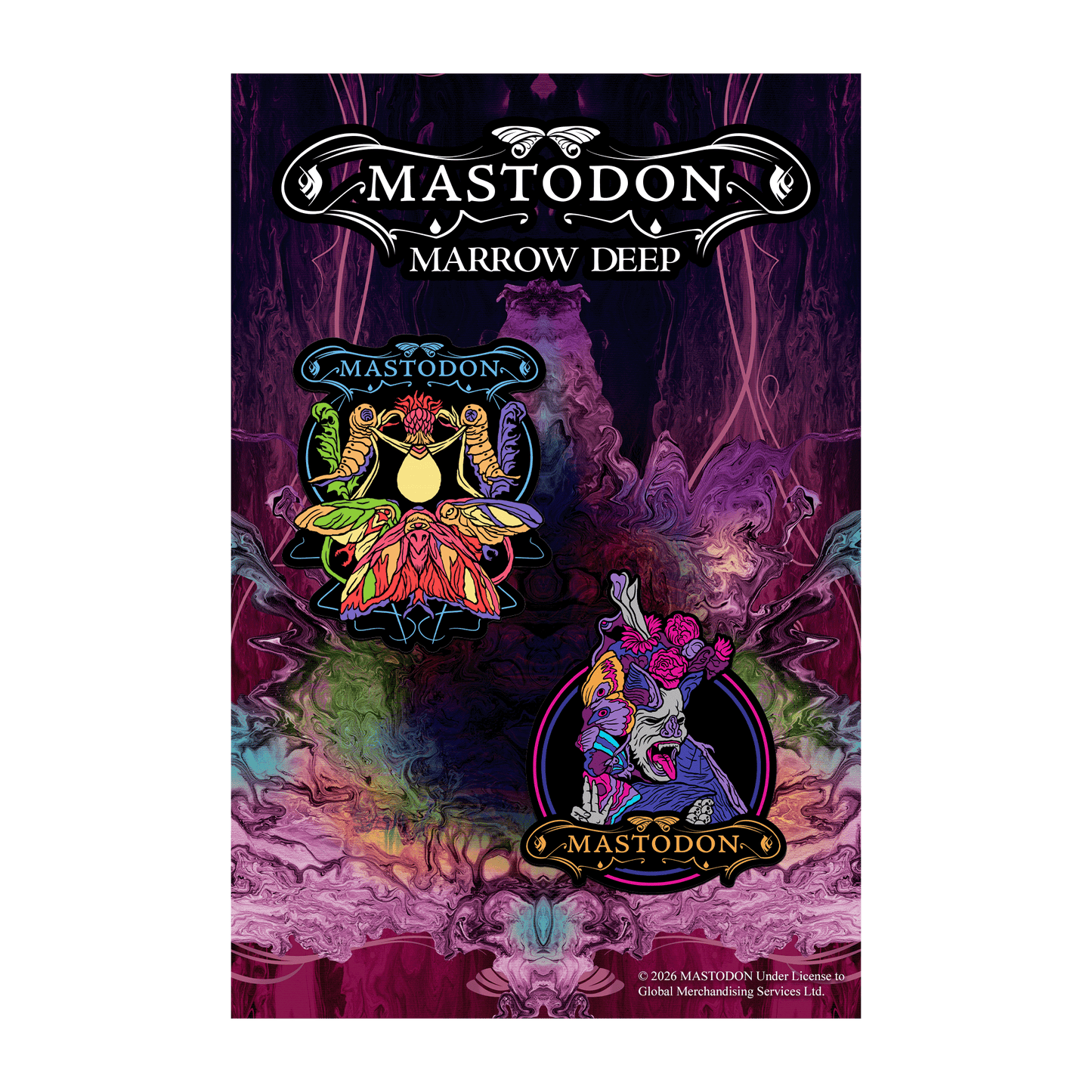 Mastodon 'Marrow Deep' album cover art featuring the band name at the top and two colorful album-art panels below on a dark purple background.