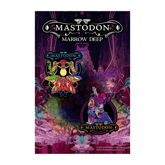 Mastodon 'Marrow Deep' album cover art featuring the band name at the top and two colorful album-art panels below on a dark purple background.