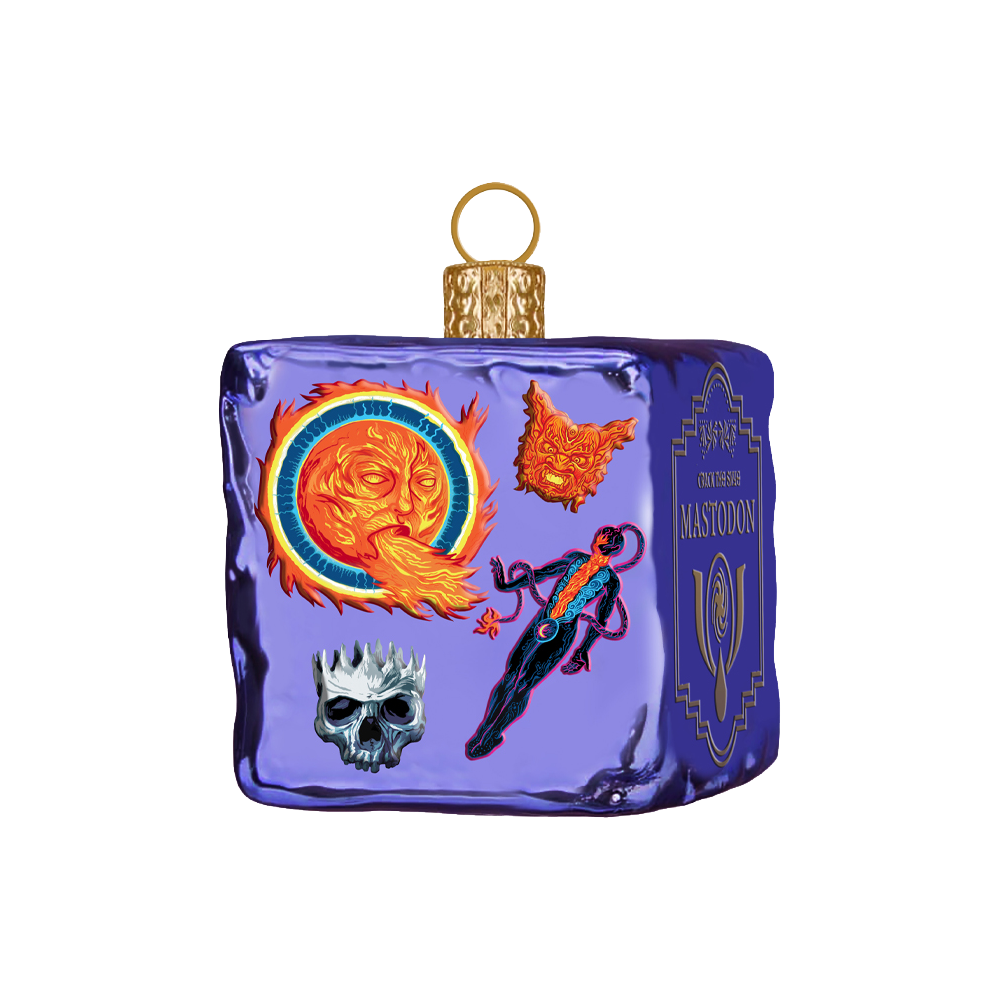 Decorative purple glass ornament with fantasy-themed designs on a white background