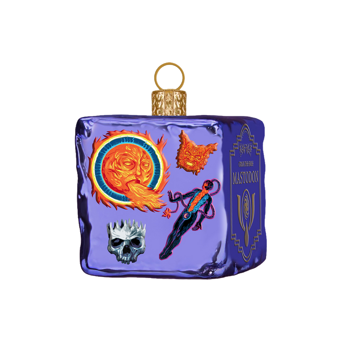 Decorative purple glass ornament with fantasy-themed designs on a white background