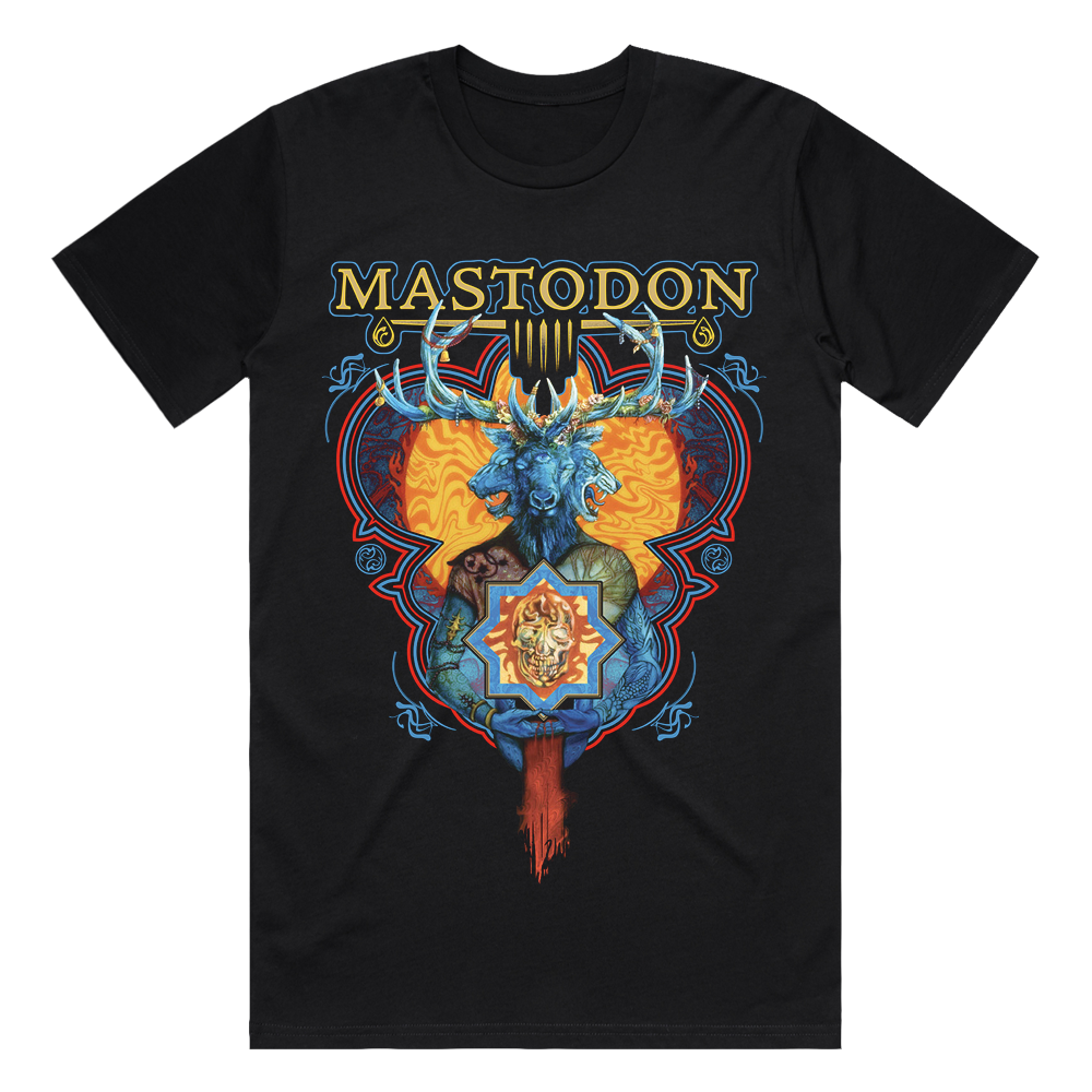 Celebrate two decades of Blood Mountain with the official Mastodon Ornate Blood Mountain Tee. This tee features the three-headed stag artwork set against a fiery, intricate geometric frame, and encapsulates the mythological journey and sonic madness of the band's landmark 2006 album.