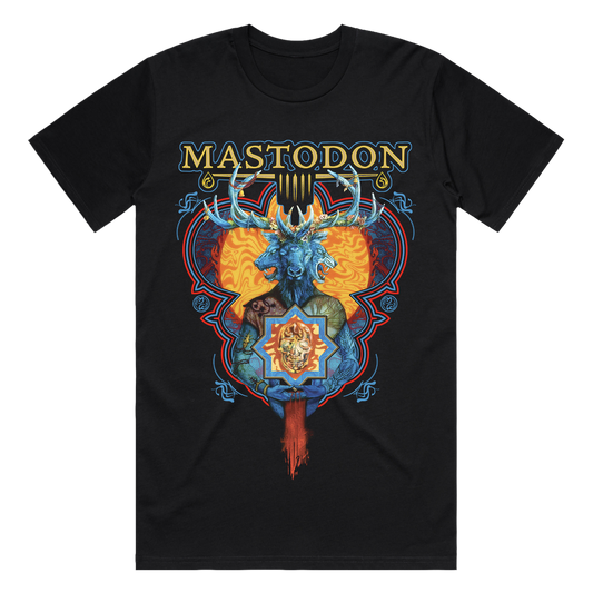 Celebrate two decades of Blood Mountain with the official Mastodon Ornate Blood Mountain Tee. This tee features the three-headed stag artwork set against a fiery, intricate geometric frame, and encapsulates the mythological journey and sonic madness of the band's landmark 2006 album.