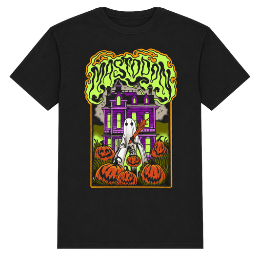 A black short-sleeve crewneck t-shirt featuring a colorful graphic print of a haunted purple house surrounded by jack-o'-lanterns, a white ghost holding a broom, and green slime at the top.