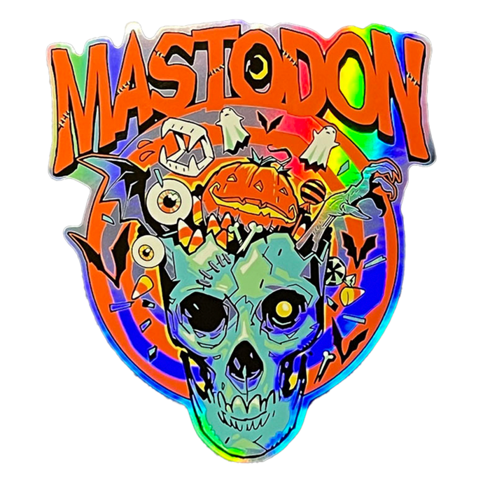 Colorful 'Mastodon' logo with a skull and Halloween-themed elements on a white background.