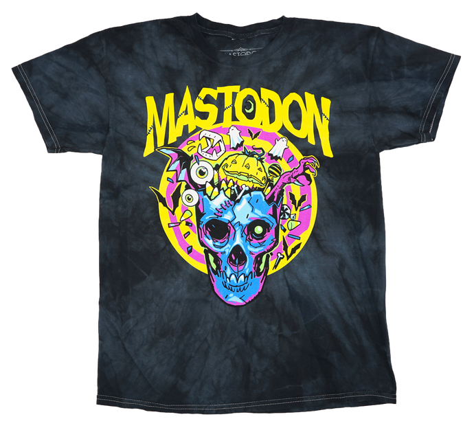 Black tie-dye t-shirt with colorful graphic and 'Mastodon' text on a white background