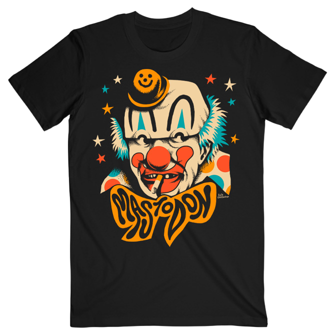 Black t-shirt with a colorful clown graphic and 'Happy Birthday' text on a white background