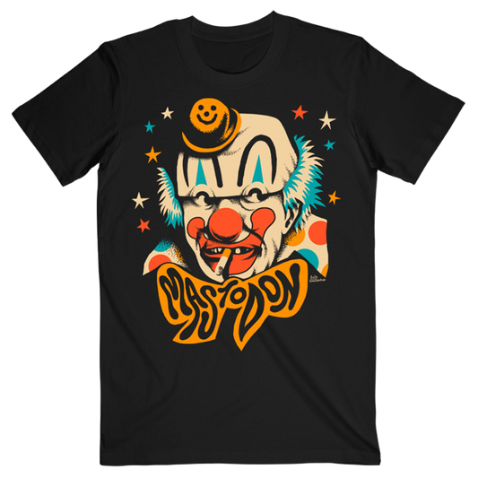 Black t-shirt with a colorful clown graphic and 'Happy Birthday' text on a white background