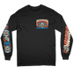 A black long-sleeve t-shirt with a colorful graphic on the left chest and matching graphics printed down both sleeves. The graphic features a stylized skull and the text 'SHRACE FOR SHIRTS' in blue.