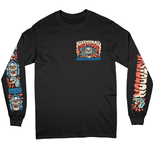 A black long-sleeve t-shirt with a colorful graphic on the left chest and matching graphics printed down both sleeves. The graphic features a stylized skull and the text 'SHRACE FOR SHIRTS' in blue.