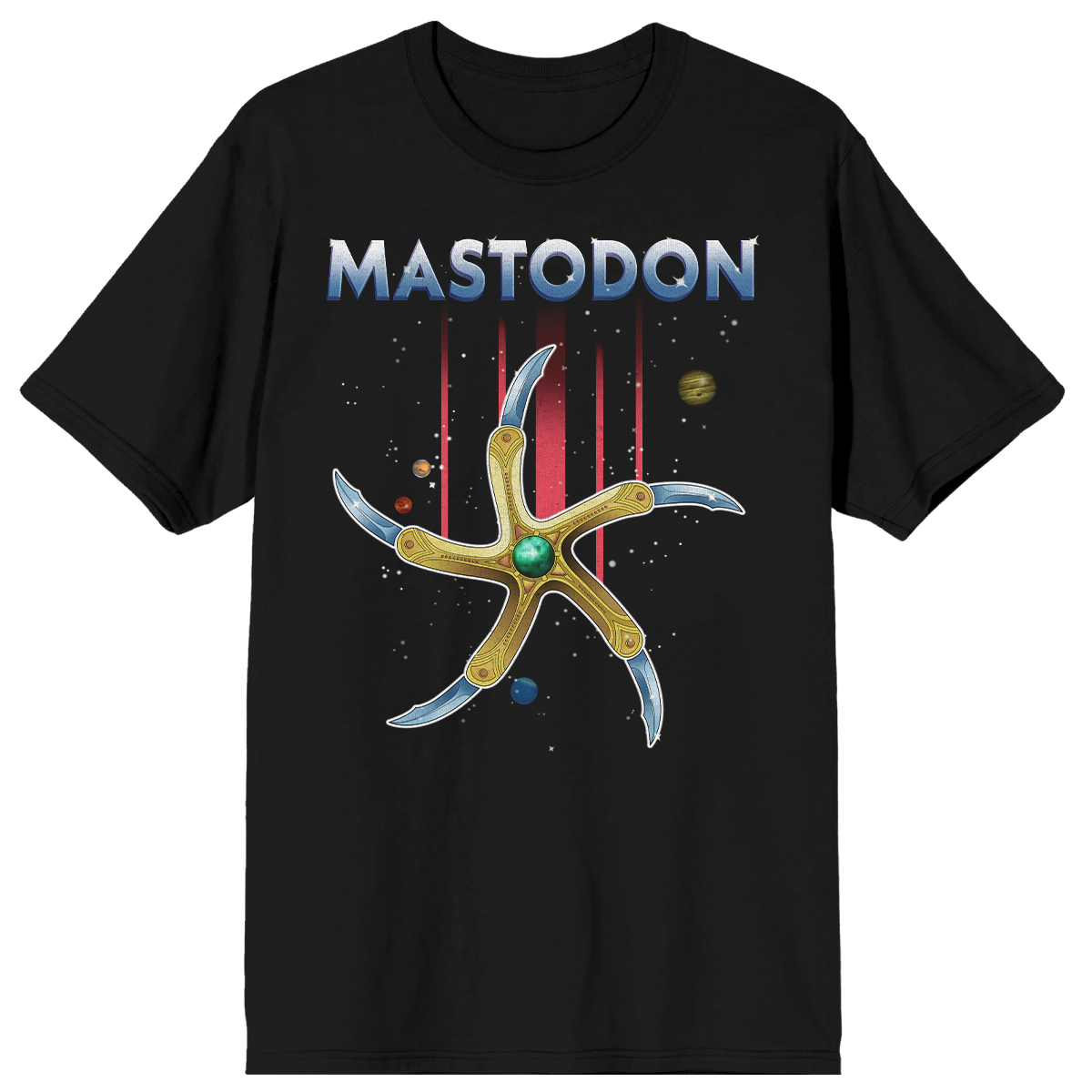Black t-shirt with 'Mastodon' logo and space-themed design on a white background