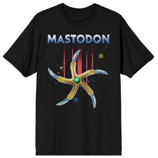 Black t-shirt with 'Mastodon' logo and space-themed design on a white background