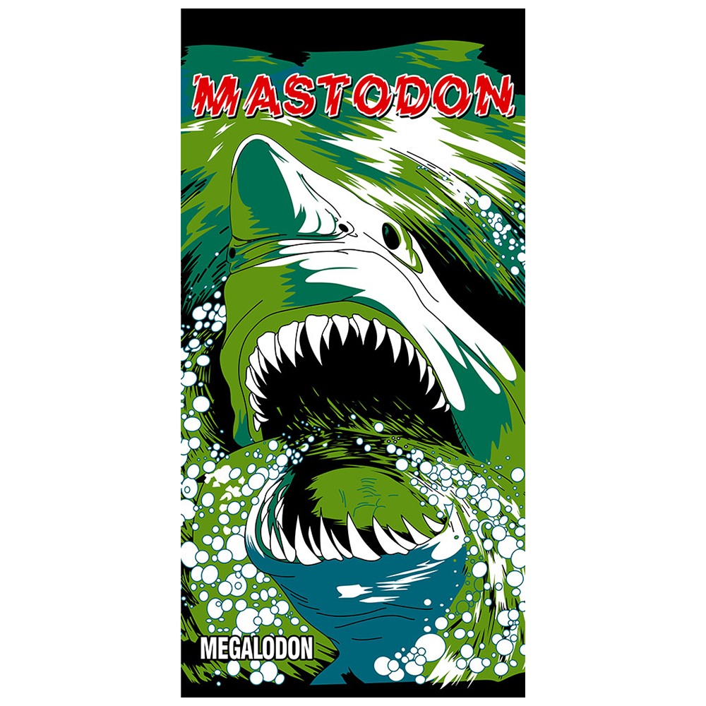 Megalodon illustration with 'Mastodon' text on a black background of a Mastodon Towel.