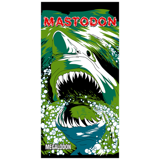 Megalodon illustration with 'Mastodon' text on a black background of a Mastodon Towel.