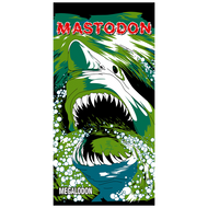 Megalodon illustration with 'Mastodon' text on a black background of a Mastodon Towel.
