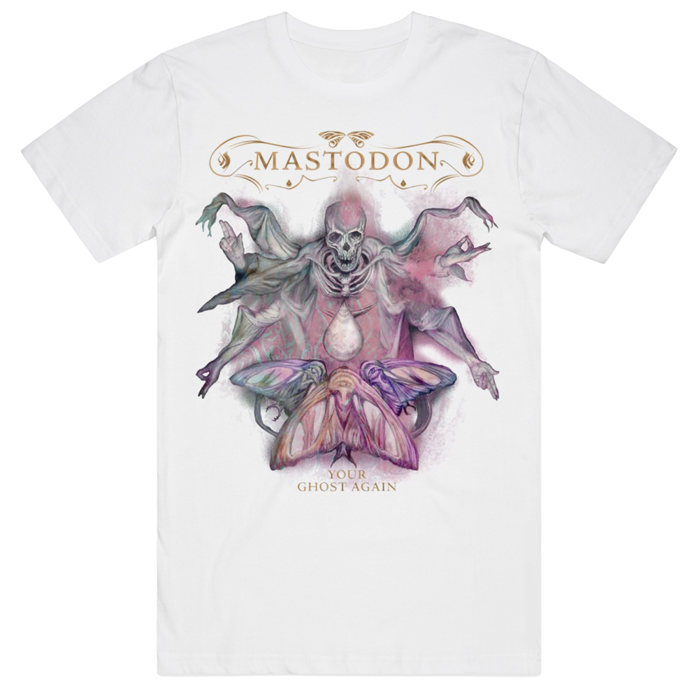White t-shirt with a colorful graphic and 'Mastodon' branding on a white background