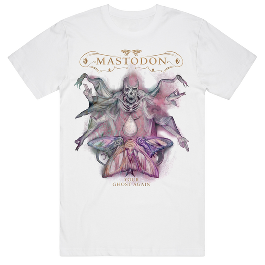White t-shirt with a colorful graphic and 'Mastodon' branding on a white background