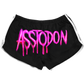 Mastodon jogger shorts that has Assoton printed in neon pink on the back. All graphics were designed by Chad James Keith.