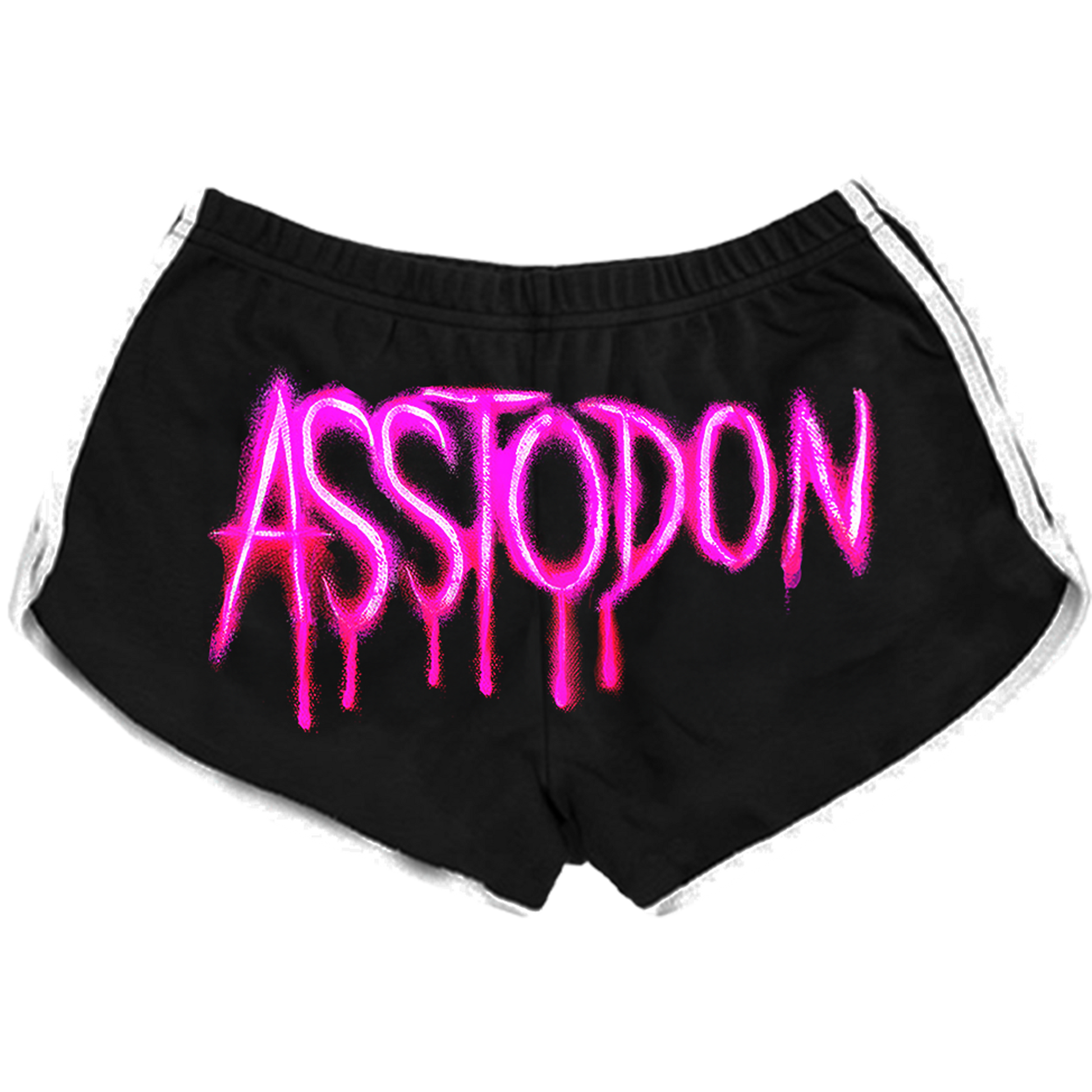 Mastodon jogger shorts that has Assoton printed in neon pink on the back. All graphics were designed by Chad James Keith.