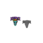 Two stickers on a white background, one colorful with text and skull design, the other gray with text.