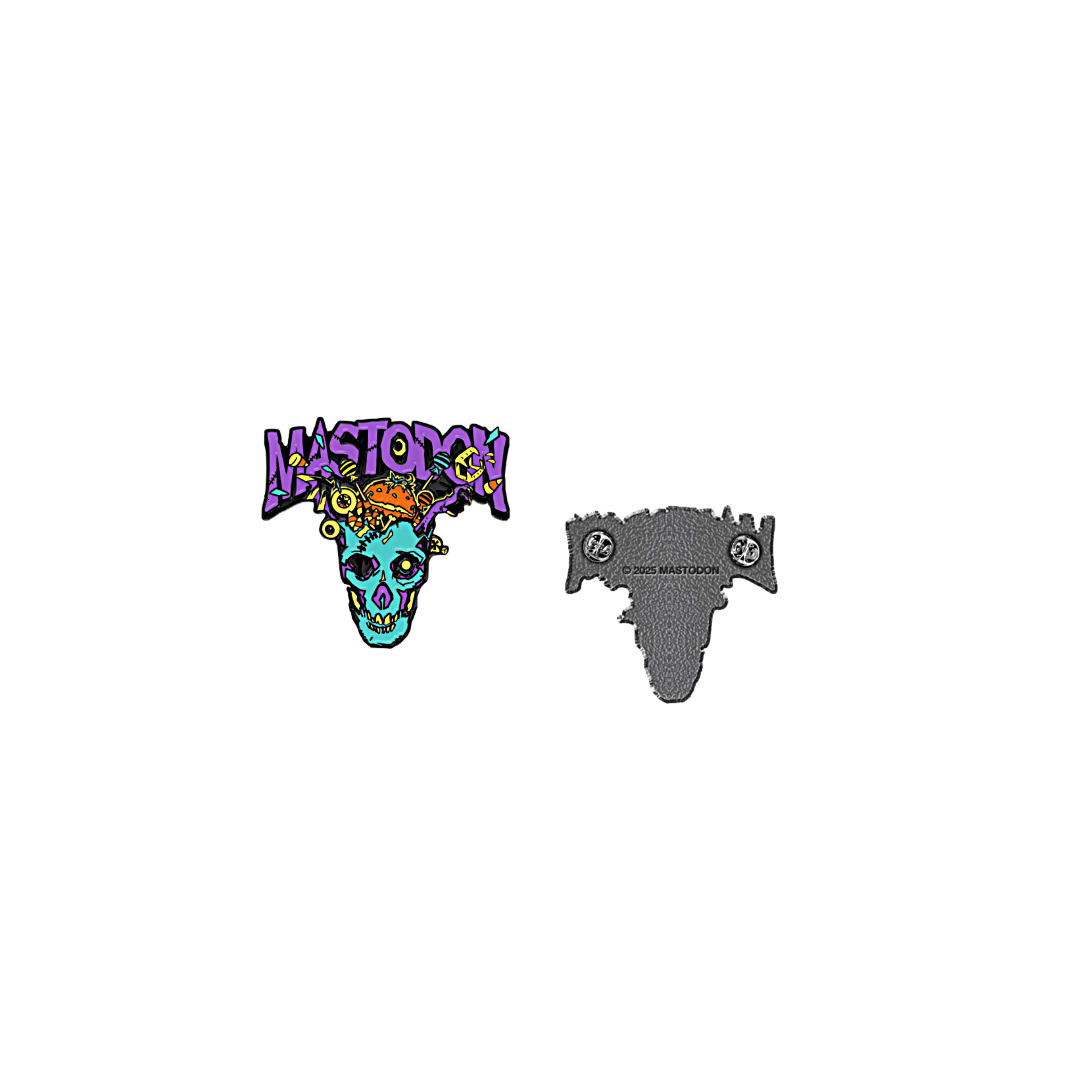 Two stickers on a white background, one colorful with text and skull design, the other gray with text.