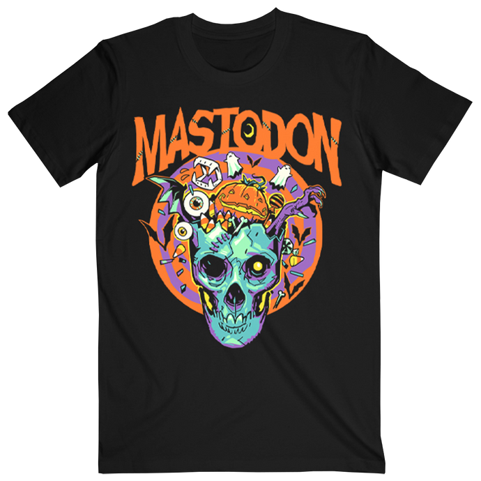  This black tee features a striking design showcasing a skull with a pumpkin exploding out of the head, along with eyeballs, ghosts, and a hand reaching out for a dynamic, eerie effect. Perfect for both casual wear and showing off your love for Mastodon, this tee combines bold artwork with ultimate comfort. The garment-dyed fabric provides a soft, vintage feel, while the classic fit ensures all-day comfort.