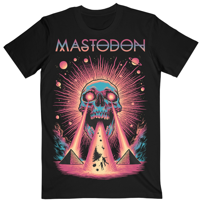 A black crew neck t-shirt featuring a graphic design of a skull with laser beams shooting from its eyes, colliding with pyramids.