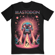 A black crew neck t-shirt featuring a graphic design of a skull with laser beams shooting from its eyes, colliding with pyramids.