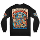 A black long sleeve tee featuring the Snakes For Dinner design in Mastodon’s signature heavy, psychedelic style. The front features a smaller chest graphic, while the back showcases an oversized skeletal illustration with vivid orange and blue detailing. Coordinating artwork runs down both sleeves for a fully designed finish from every angle.