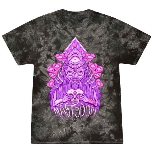 Tie-dye t-shirt with purple graphic design and 'Mastodon' text on a white background