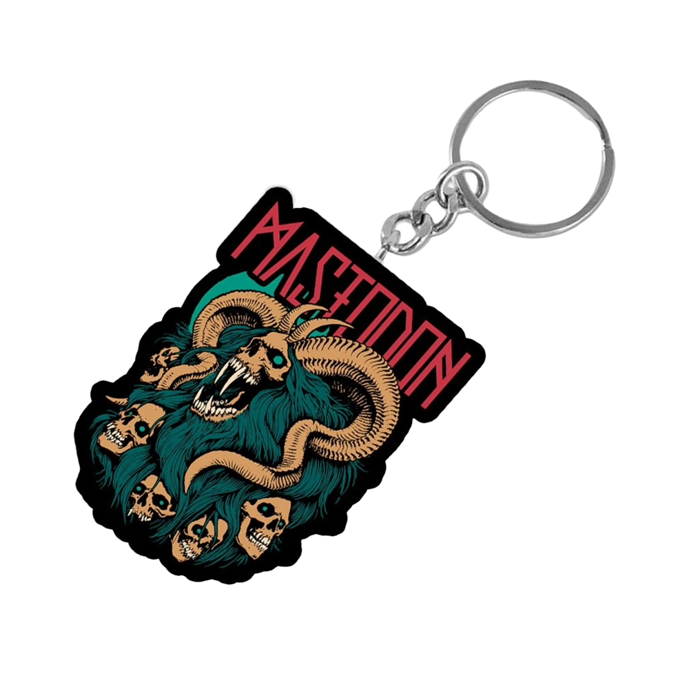 Keychain with a logo featuring a ram and skulls on a white background