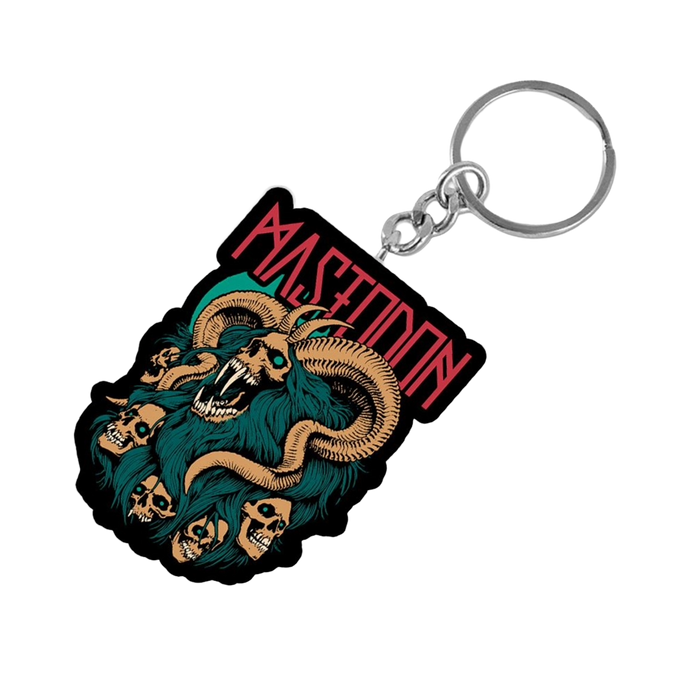 Keychain with a logo featuring a ram and skulls on a white background